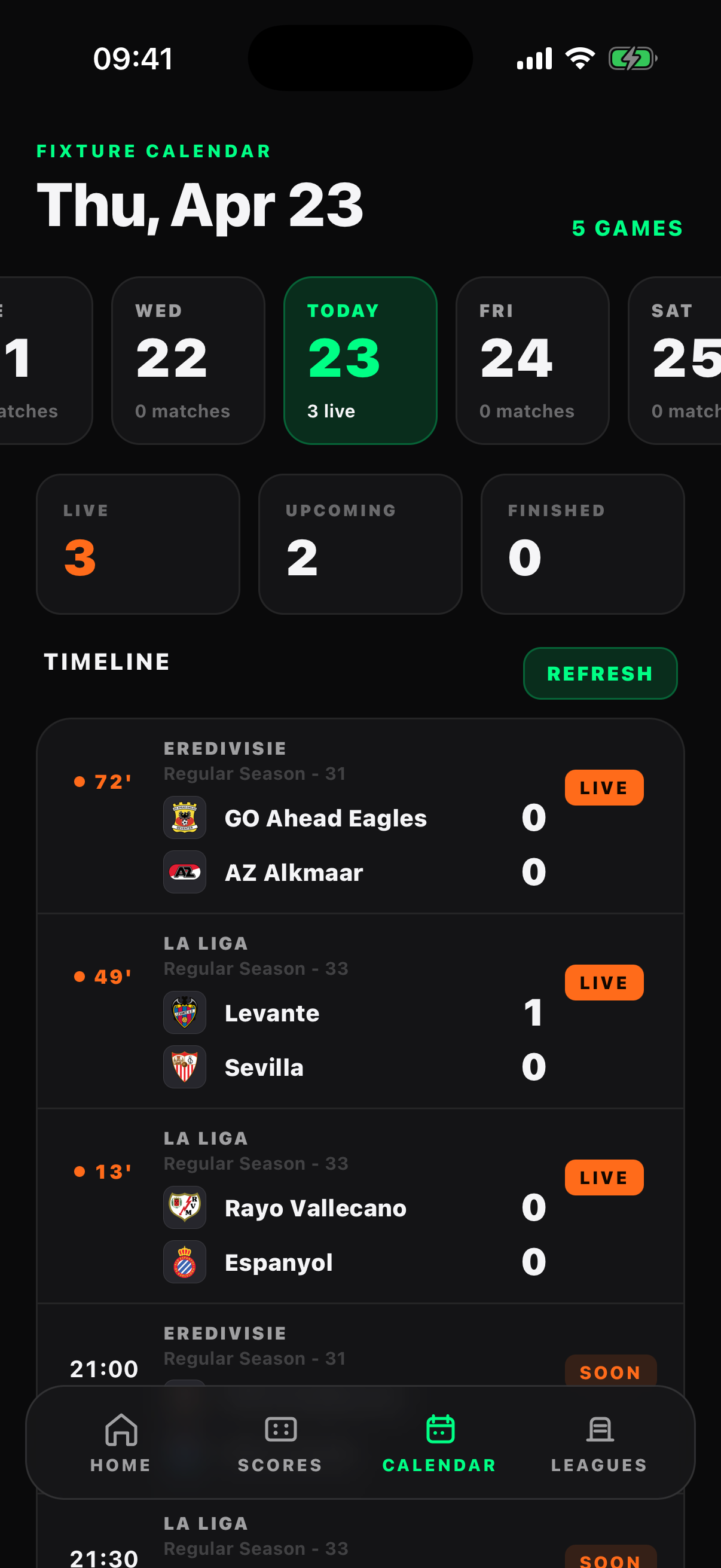 Kickoff Calendar screen