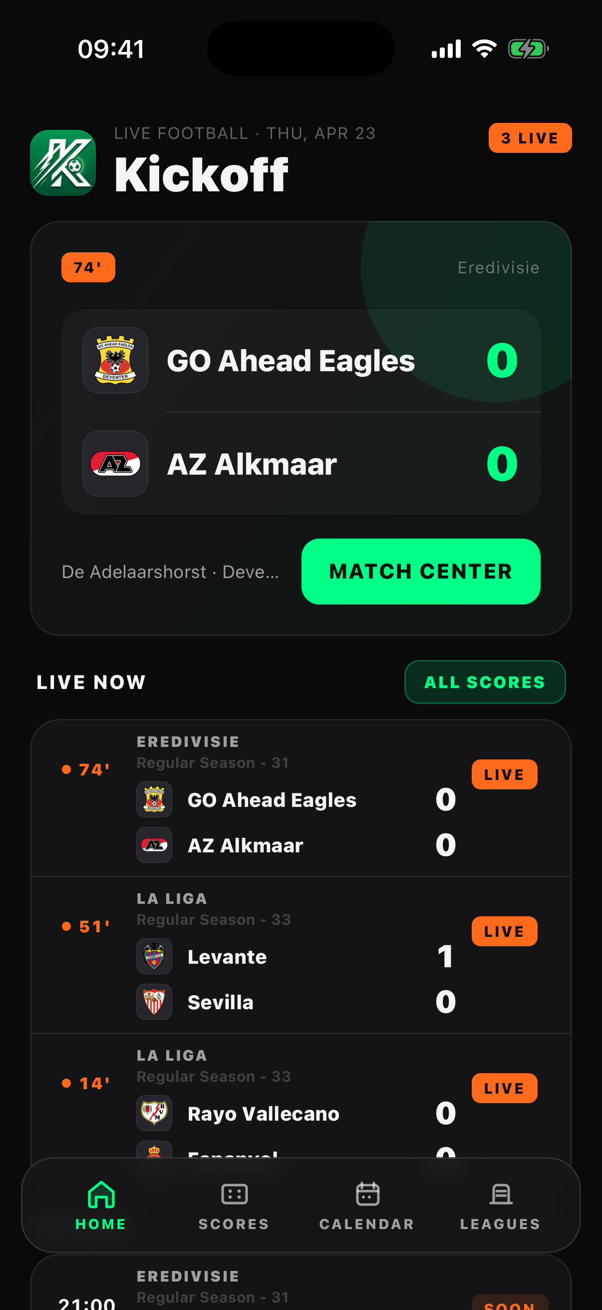 Kickoff home screen with live match hero