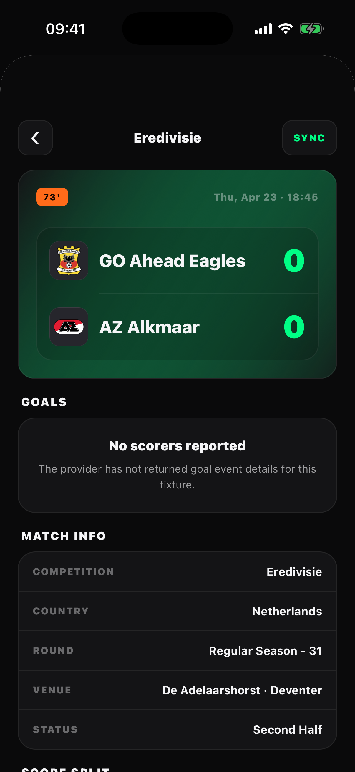 Kickoff match center showing score, goal timeline, venue, and status.