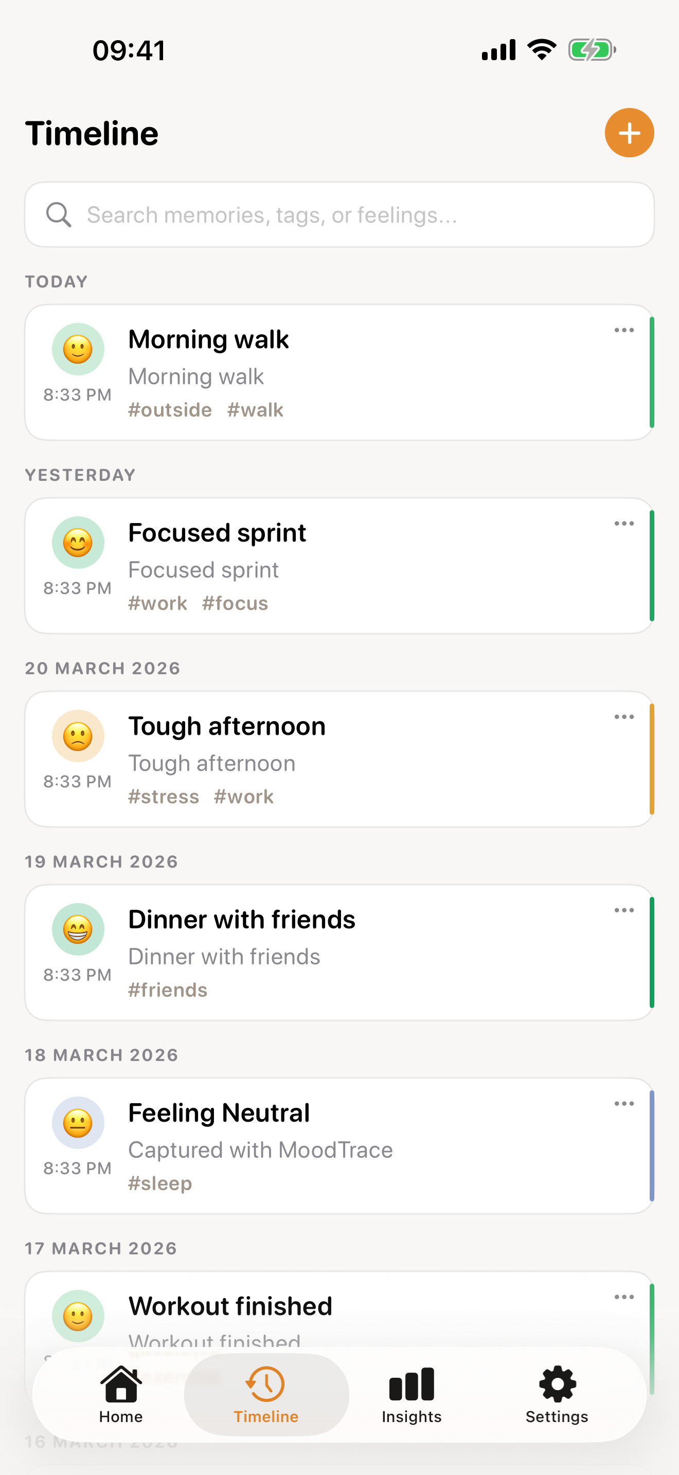 MoodTrace timeline screen