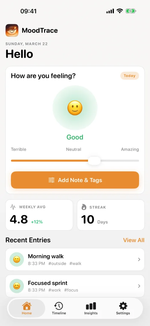 MoodTrace home screen with a mood slider